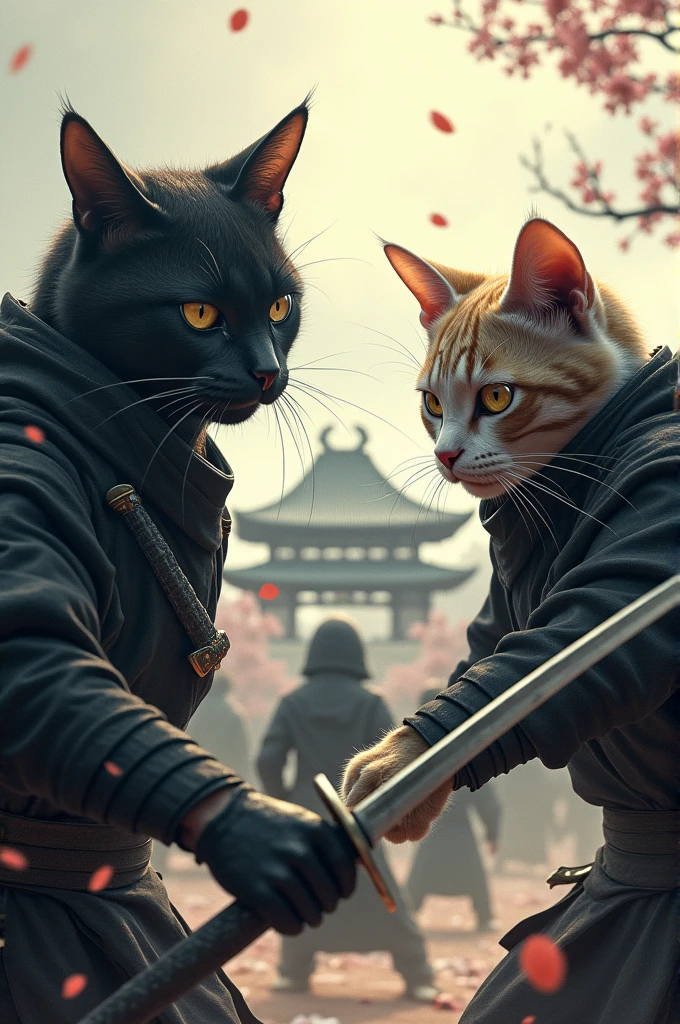 Create cats with ninja outfits and samurai armor in a war in feudal Japan, make with characteristics of the time.