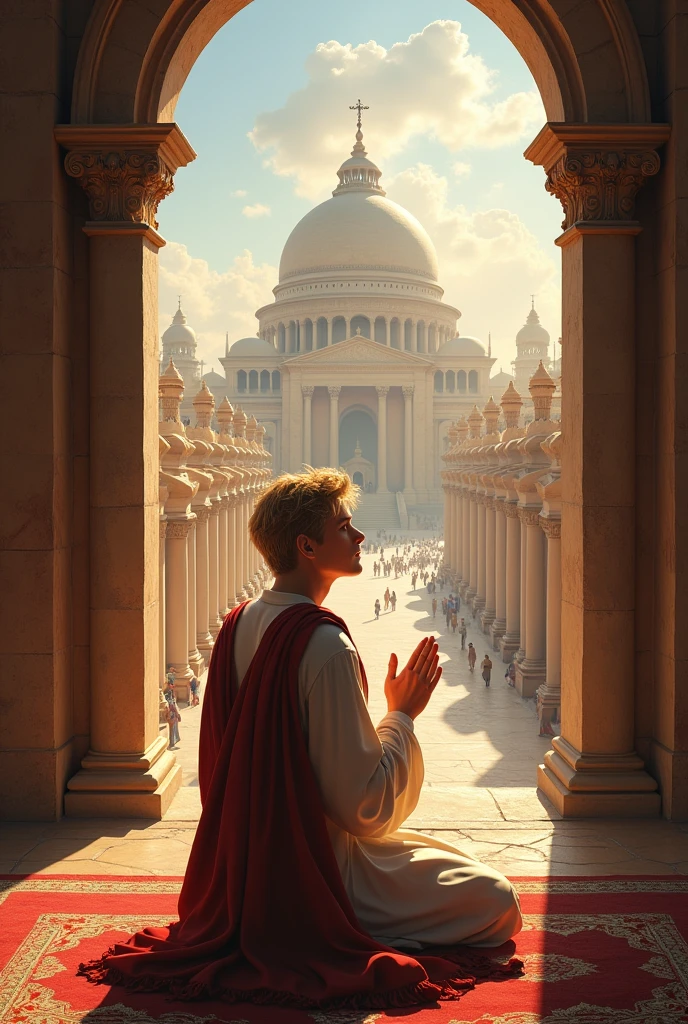 ((best quality)), ((masterpiece)), (detailed), perfect face
Daniel, a blond man with short hair, kneeling in front of an open window, Praying in Faith. Ao fundo, a landscape of the city of Babylon.