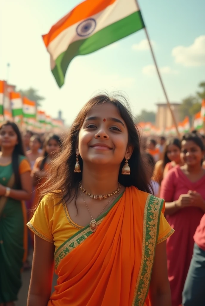 "Generate a real-life image of a 21-year-old (girl/boy) joyfully celebrating Indian Independence Day. The individual is dressed in traditional Indian attire with the name 'YOUR NAME' prominently displayed on their clothing. The sky above them features the words 'Happy Independence Day' in a bold font. The background is alive with a crowd of people celebrating, creating a vibrant and patriotic atmosphere."