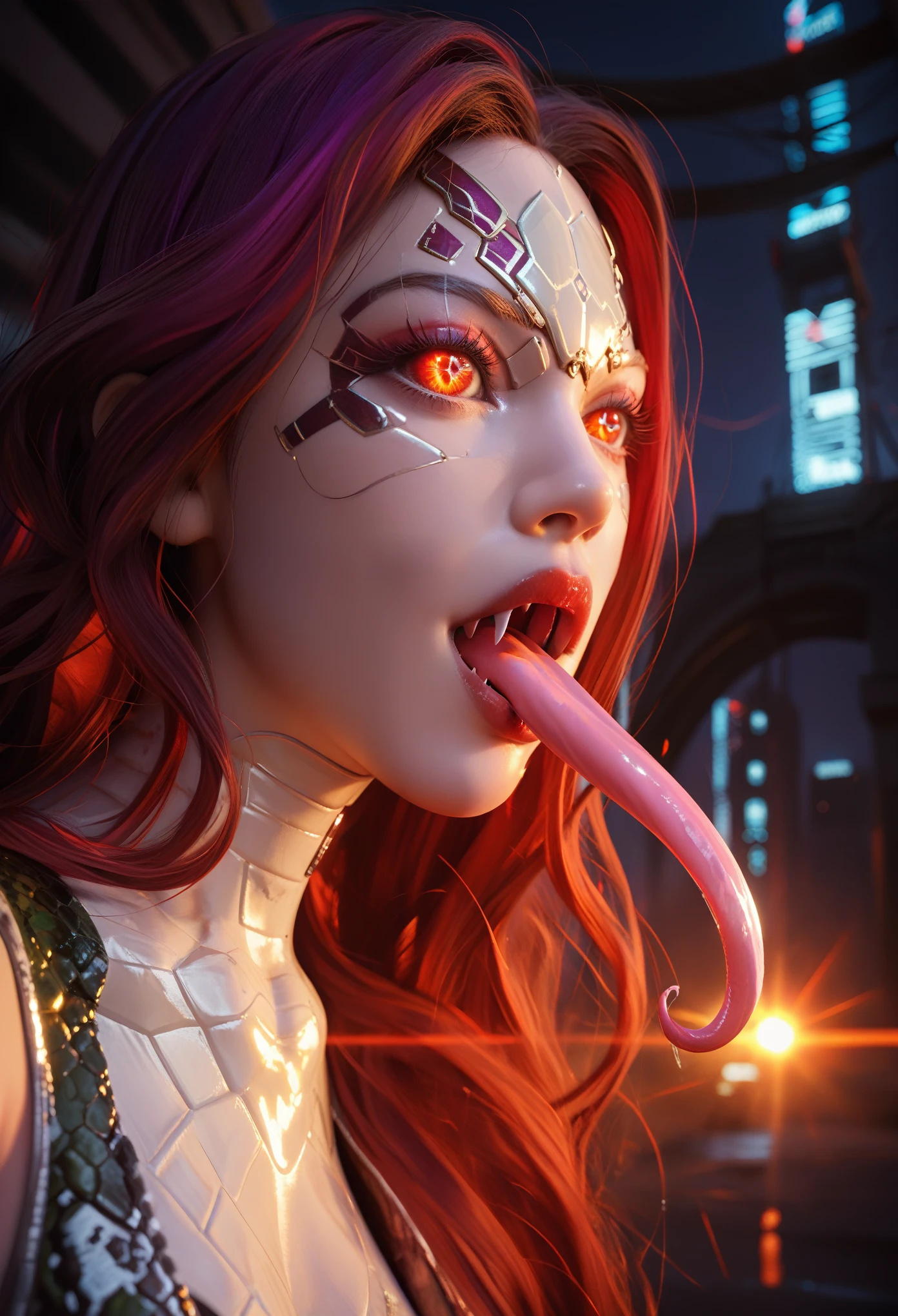 score_9, score_8_up, score_7_up, 1 female medusa alien, A scene from a horror movie, beautiful detailed eyes, A third eye on the forehead, beautiful detailed lips, extremely detailed face and eyes, long eyelashes, (long tongue like a snake:1.2), intricate insect-like features, glowing compound eyes, scythe-like forelimbs, alien carapace, vibrant colors, futuristic sci-fi environment, neon lights, glowing energy field, complex technological architecture, dramatic lighting, cinematic atmosphere, award winning digital art, hyper realistic, 8k, high quality, masterpiece, Bioluminescence, Translucent armor, thespiritde, concept art, hypre detailed moist skin texture, (Best Quality, 4K, 8K, High Definition, Masterpiece:1.2), (Ultra Detailed, Realistic, Photorealistic:1.37),