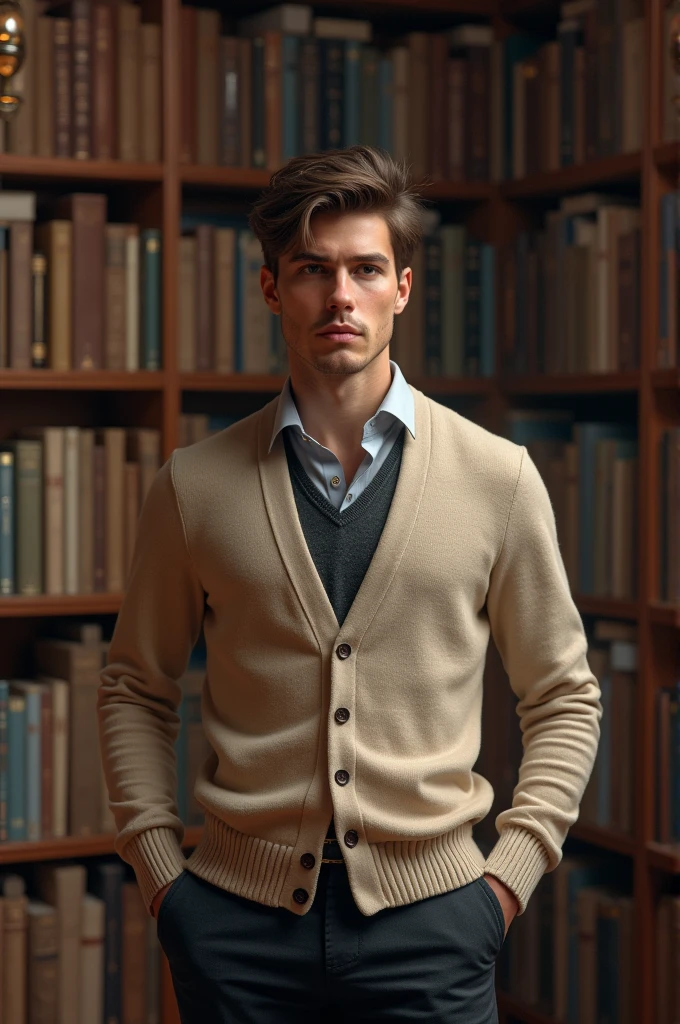 Expensive cardigan, quite Young man, intelligent, books behind,