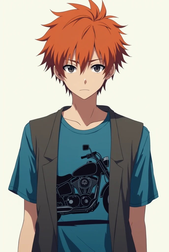 An anime type boy with bacon orange hair and pale white skin tone with a serious mouth and dull black eyes wearing a blue short sleeved shirt with a black motorcycle drawing on it and a short sleeved vest covering the shirt plain over the black shirt.