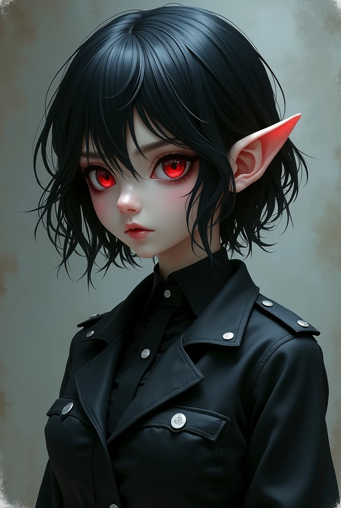 She is a girl with elf ears, one small fangs, blood-colored eyes and pupils similar to those of wolves, hair black as night,but with silver locks, short to the neck and wavy. an all-black military camouflage suit, a cold and serious personality