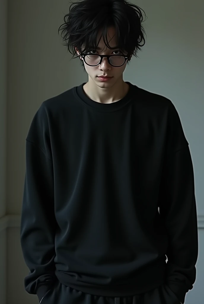 Boy with age of 27 with black eyes giving death glare in black body sticking tshirt with long sleeves and packed upto neck with baggy black pants and Messy hairs
With black trianglular spectacles
