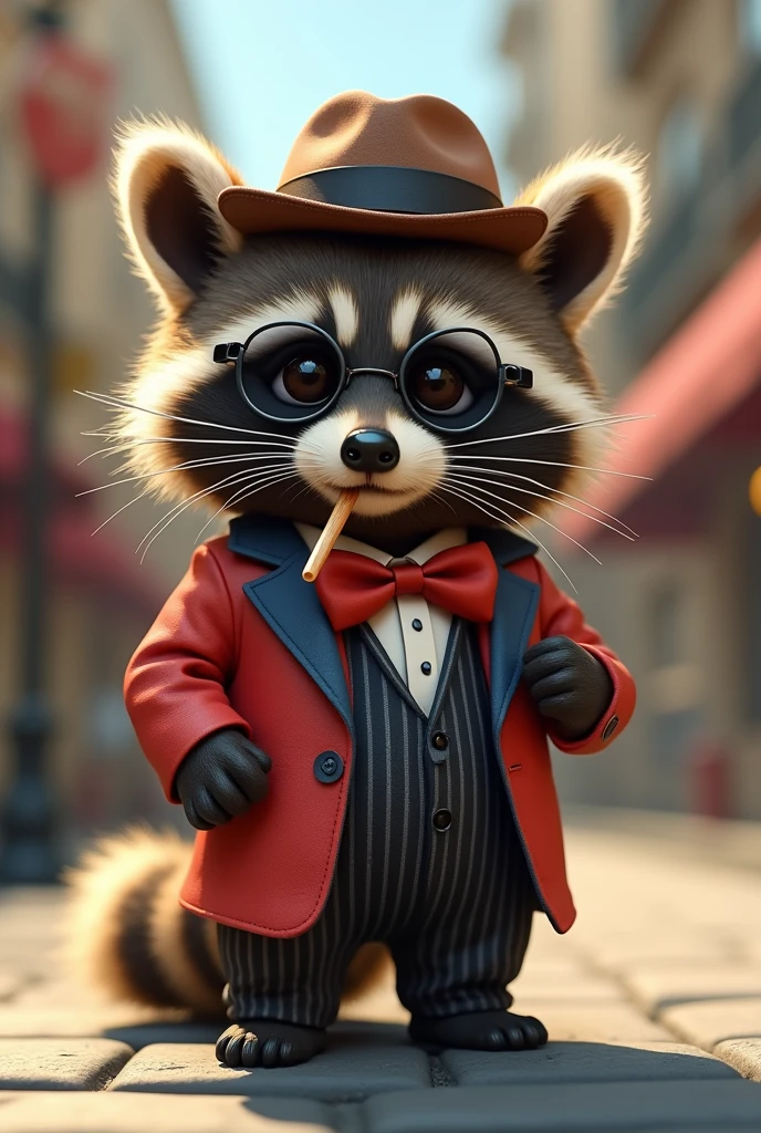 A mesmerizing photograph of an adorable extra fluffy baby raccoon, transformed into a wiseguy, dressed in a classic striped suit, fedora, sunglasses, and toothpick. The artwork masterfully blends the serene nostalgia of Hiroshi Nagai and the vibrant, intricate details of Junko Mizuno. This whimsical raccoon exudes a playful aura, with a calm expression and soft, clean lines. The combined styles create a unique atmosphere that blends a peaceful city street setting with a touch of surreal charm. The raccoon's stylish attire and attitude, enhanced by the bold, playful accessories, make this a truly imaginative and entertaining piece of art., photo, 3d render, fashion, conceptual art