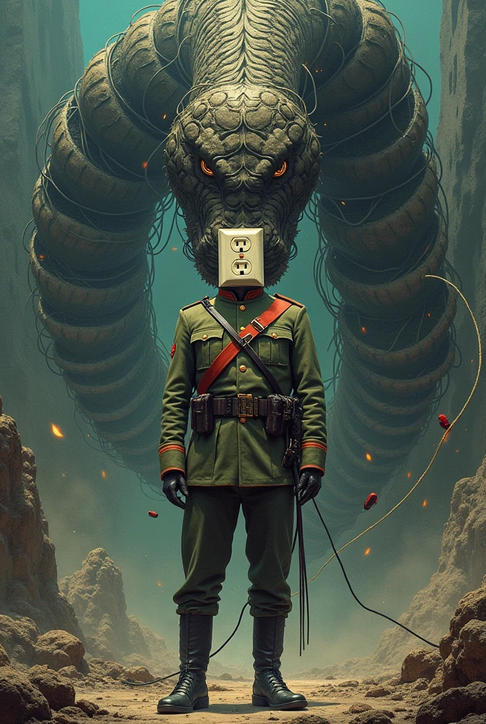 Crie um soldado britanico but with a eletrical outlet instead of his face, behind him is a giant serpent like creature made of electrical extensions in the style of heavy metal covers