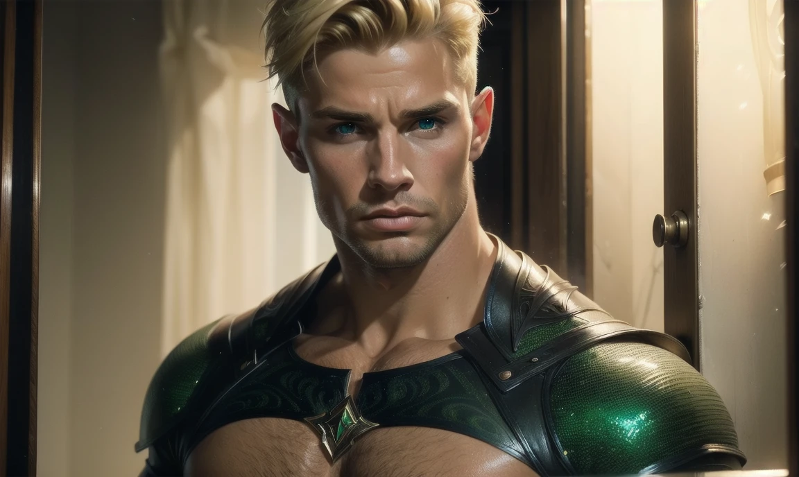 [((highly detailed, detailed eyes, detailed face, clear and realistic facial features, photorealistic, realistic light, cinematic)), (1 man), Gorgeous and sexy and powerful masculine male angel with large wings, ((short blond hair, green eyes)), ((35 years old)), ((wearing flattering clothes)), (((aura of divine power))), standing in a cozy apartment at nighttime, ((light blush)), (((wearing an indignant expression)))]