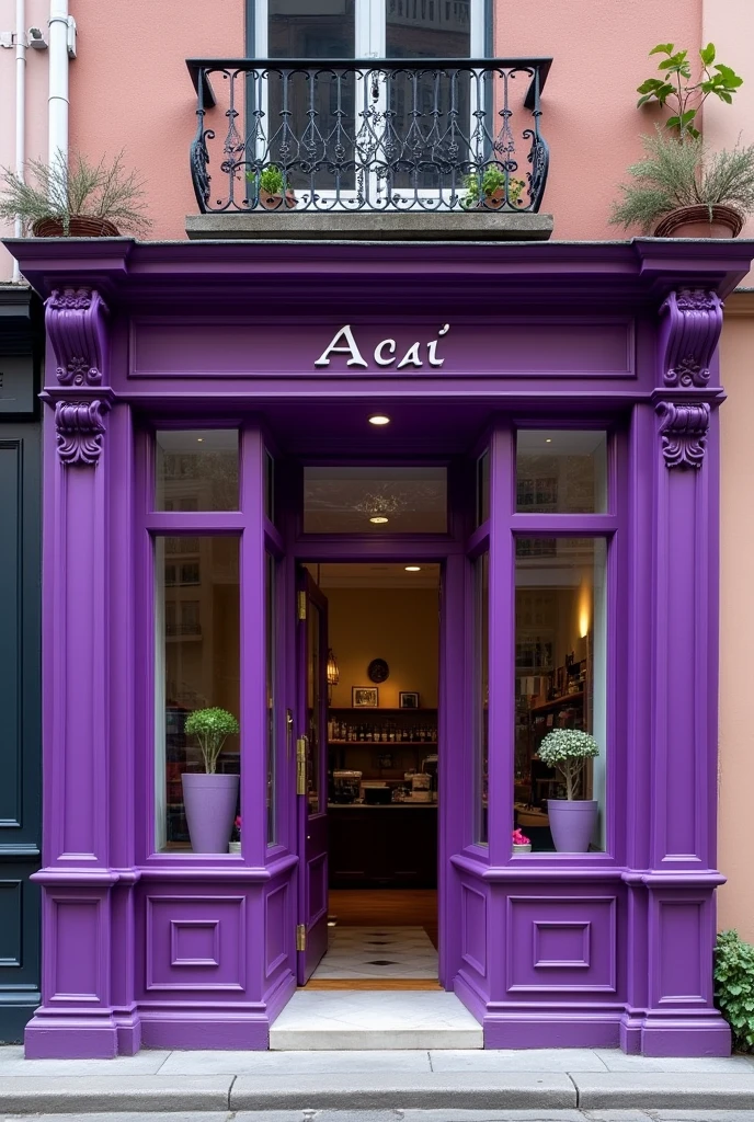 Facade of a large purple açaí shop with a door and two windows 