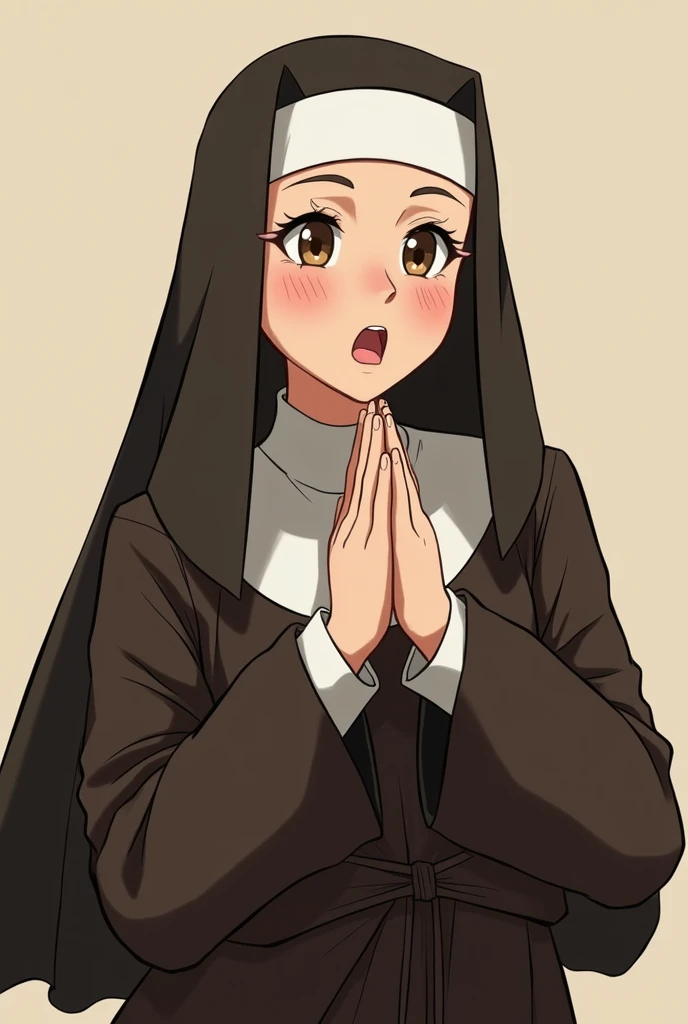 draw nuns and one half grateful to the others in an animated style and that her hood is brown