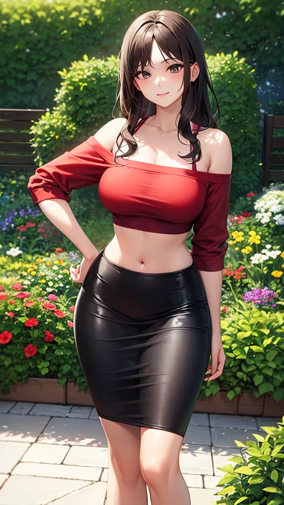 masterpiece, best quality, high detail, beautiful woman, wavy hair, dark brown hair, large bust, red t-shirt, off-shoulder shirt, black maxi pencil skirt, tight pencil skirt, midriff, upper body, hips, hip bones, sandals, looking at viewer, light smile, garden, backyard,