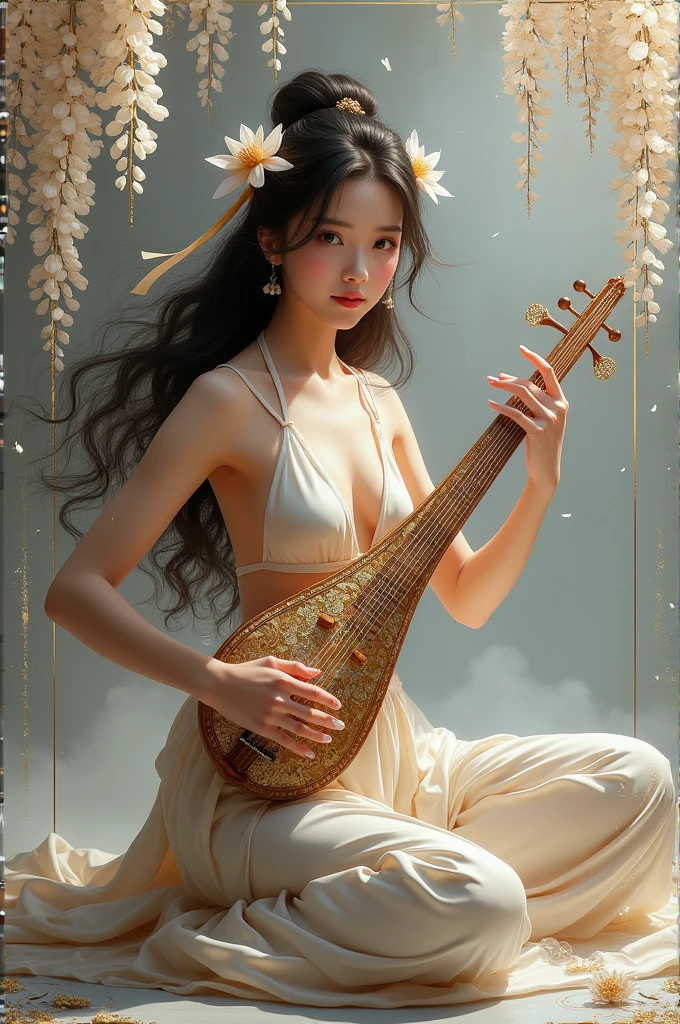 (photorealism:1.2), abstract light and shiny, gold and ink painting, full body view, long flowering curly hair adorned with flowers, Chinese beauty, halter top, large oversized satin pant, playing traditional Chinese guzheng instrument, looking at viewer, Chinese kintsugi patterns, minimalist, under the wisteria flowers, abstract silver-Gray and gold painting as background, gold kintsugi and splash effects, realistic textures.