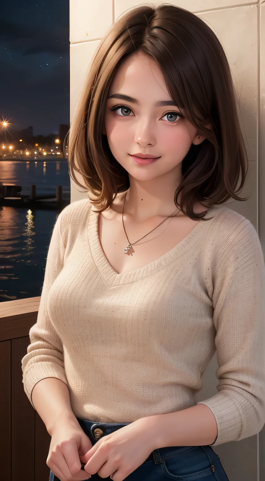 ((Night, Realistic Light, Best Quality, 8K, Masterpiece: 1.3)), 1girl, Slim Beauty: 1.4, (Brown hair, Medium breasts: 1.3), Long pink sweater: 1.1, Bathroom, Super fine face, Delicate eyes, Double eyelids, smile, necklace