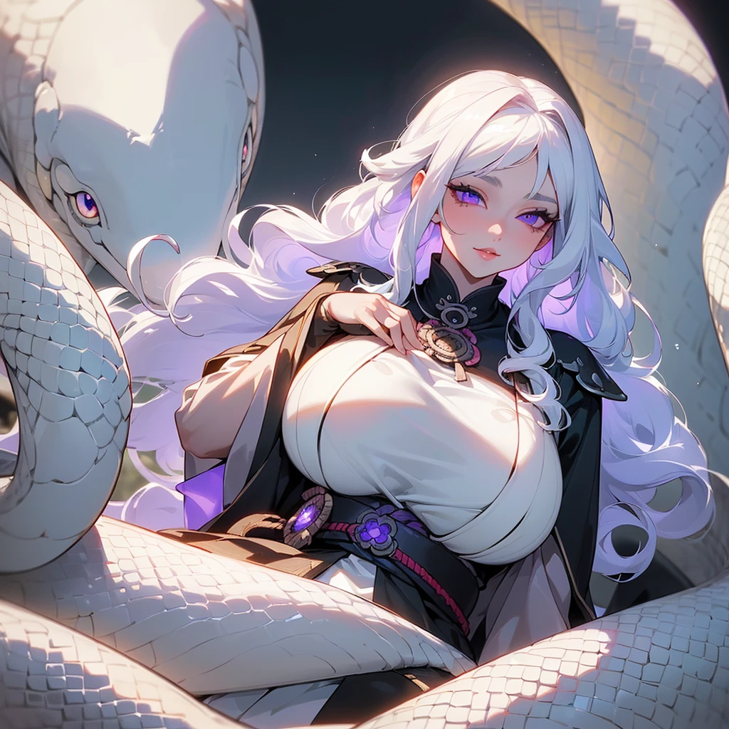 ((ultra quality)), ((masterpiece)), ((Samurai)), ((sensual)), ((Angelic beauty woman)), ((long white curly hair)), ((White hair)), ((White hair)), ((curly hair)), (beautiful face), (beautiful female lips), Enchanting ((Seductive facial expression)), looks at the camera with a slight smile, (White skin color), (White skin), glow on the body, ((detailed eyes)), ((Next to a huge white snake)), ((violet eyes)), (juicy female lips), (dark eyeliner), (beautiful female hands), ((thick body)), ideal female body, ((Year 1920)), beautiful waist, beautiful big hips, big breasts, thick thighs, ((threatening and beautiful)) (), ((depth of field)), ((high quality clear image)), (delete details), ((High detail)), ((clear focus))