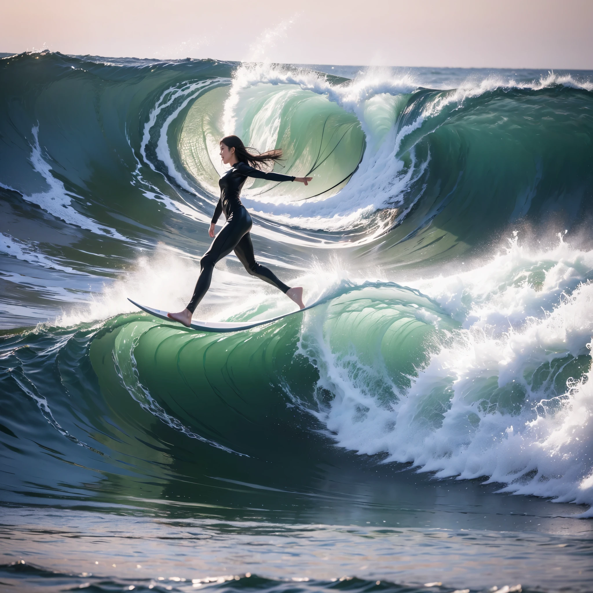 (Luminism:1.28), Side view, TopQuality 8K Masterpiece (ProfessionalPHOTO:1.37) (Extremely Detailed (A girl Standing on a Life Size straight surfboard)), Colorful morning Glory Rays, (There is Only one surfboard under her feet:1.32) Sparkling Waves Splashing water Particles, Glowing Wet Hair, hourglass body type, Dynamic motion blur, Perfect Hand, (Surfing Photos:1.4) (nothing hold)