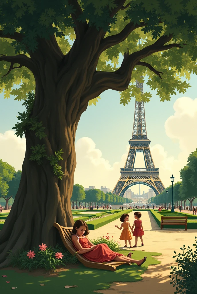 Create an image of a park in Paris near the Eiffel Tower in 1932 where there is a large tree in the middle and a girl next to the tree lying down, aged 7. On the other side of the tree there will be two children playing, almost the same age.