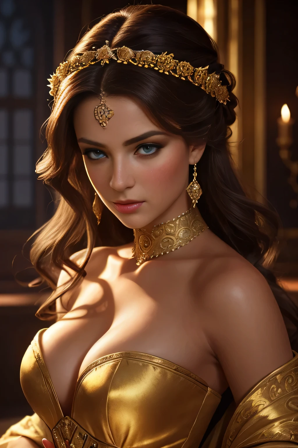 a beautiful woman, face perfect, detailedeyes, seductive expression, luxurious hair, Elegant costume of the 14th century, Attractive posing, dramatic lighting, film composition, swirly vibrant colors, fantasy art style, photorrealistic, 8k, best qualityer, work of art