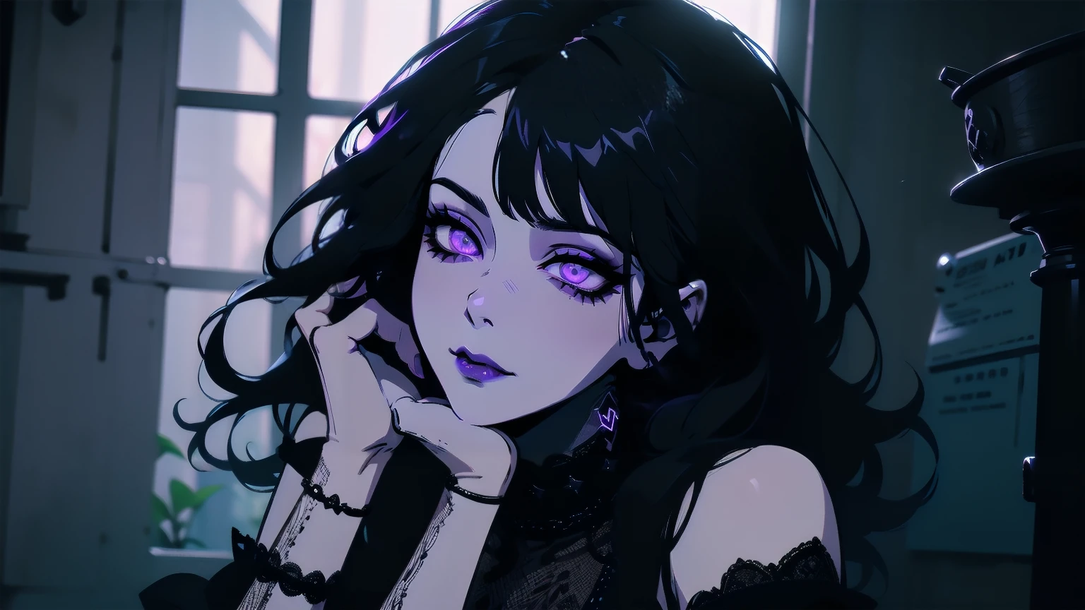 1girl,extremely detailed girl,extremely detailed face and eyes,beautiful detailed eyes,beautiful detailed lips,long black hair,side swept bangs,dark purple eyes,black oversized shirt,no bottom,black choker,torso grab,pov hands,(best quality,4k,8k,highres,masterpiece:1.2),ultra-detailed,(realistic,photorealistic,photo-realistic:1.37),neon palette,dark moody lighting