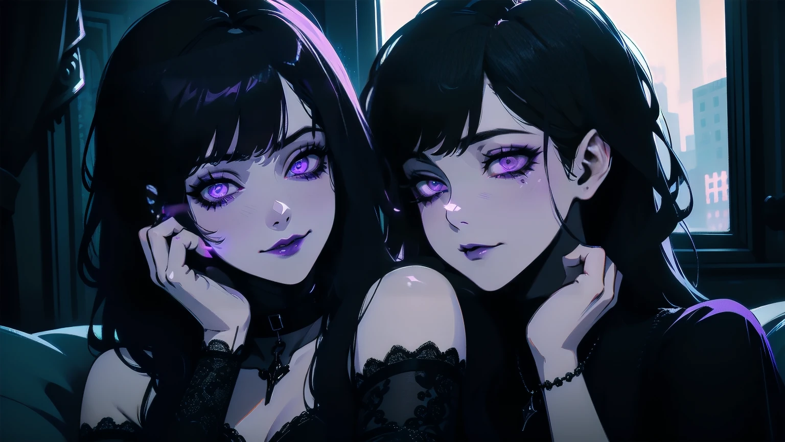 1girl,extremely detailed girl,extremely detailed face and eyes,beautiful detailed eyes,beautiful detailed lips,long black hair,side swept bangs,dark purple eyes,black oversized shirt,no bottom,black choker,torso grab,pov hands,(best quality,4k,8k,highres,masterpiece:1.2),ultra-detailed,(realistic,photorealistic,photo-realistic:1.37),neon palette,dark moody lighting