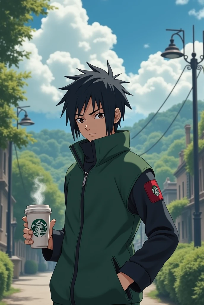 Obito uchiha
Young
Holding a Starbucks on his hand
City countryside background 