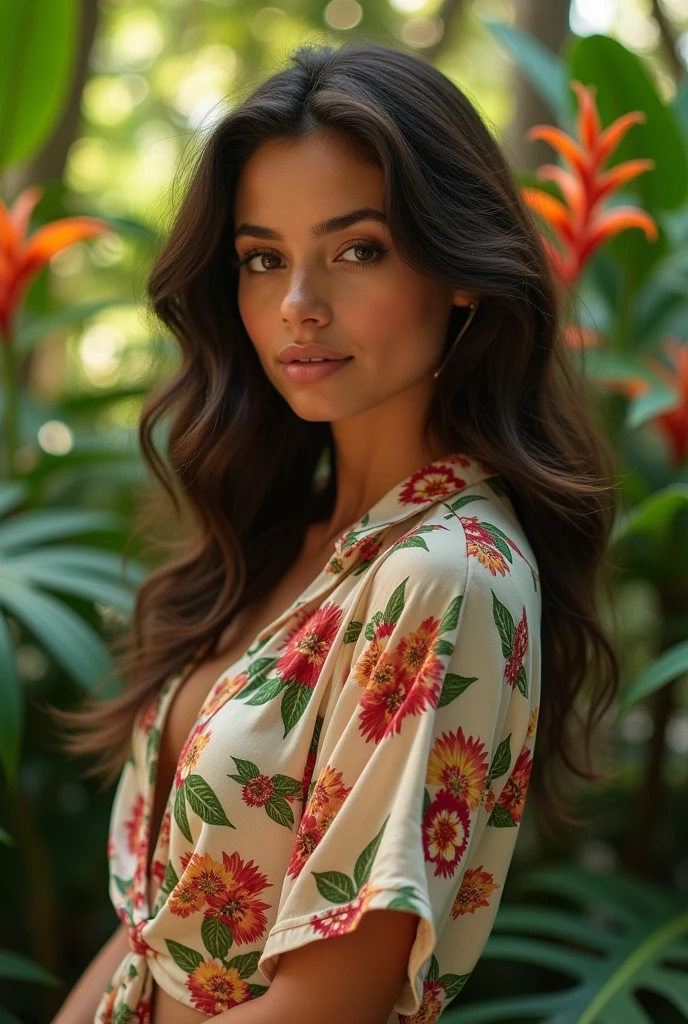 A Brazilian woman in a lush tropical garden, wearing an open shirt with a floral print, with a close-up capturing the harmonious beauty between her breasts and the natural flowers, showing off your natural charm and outgoing personality.