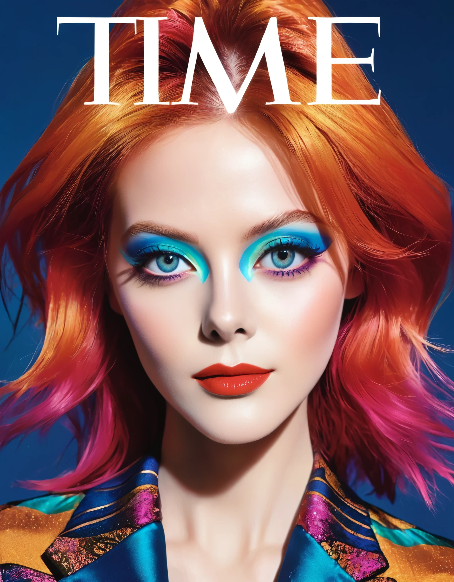 Magazine cover, esthetic, , (A girl with) vibrant colorful hair, Eye-catching pose, Rockstar, stylish clothes, Big star made up in the right eye in the style of David Bowie Blitz,  confident smile, Dynamic background, (Haute Couture),(realisti),(studio lighting), (best quality,4K,highres), (portrait), (best quality,4K,8k,highres,​masterpiece:1.2),Ultra-detail,(realisti,photorealisti,photo-realisti:1.37), Hyperrealisti Haut und Mund Nase Augen, glossy finish, bright colours, captivating design, Professional models, Iconic logo, Striking typography, Dynamic layout, eye-catching headlines, Fashion Forward, Avant-garde style, innovative concepts, influential personalities, Trend-setting fashion,  Modern lifestyle, cultural influence, timeless charm, stylish rockstar accessories, glamorous photo shoots, international appeal, Diverse perspectives, High-Fashion-Editorials, Exclusive interviews, first-class journalism, exquisite craftsmanship, visual storytelling, captivating cover story, captivating images, iconic fashion brands, Avantgardistisches Make-up, luxurious fabrics, elegant patterns, High quality printing, sophisticated layout, Trendprognose, inspiring pictures, breathtaking artistic direction, Required reading.