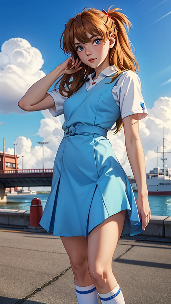 (masterpiece, best quality, detailed), Asuka Langley soryu, neon genesis evangelion anime, sexy girl, German nationality, dressed in her blue school uniform, White shirt, blue dress white socks, black shoes,, Young, skynny body, small and beautiful buttocks, toned abdomen, small and beautiful breasts, obscene, sensual, malevolent, Eva 03 in the background, edificios in the background, Dramatic background, clouds, Tokyo City 3, pose sensual, the sky is shining, the sun illuminates its beauty, sensual look, Whole body, beautiful eyes, classic hairstyle,Hair dyed in bright red color, best quality,4k,8k,A high resolution,masterpiece,Ultra detailed,realistic, Photorealistic,photo realistic