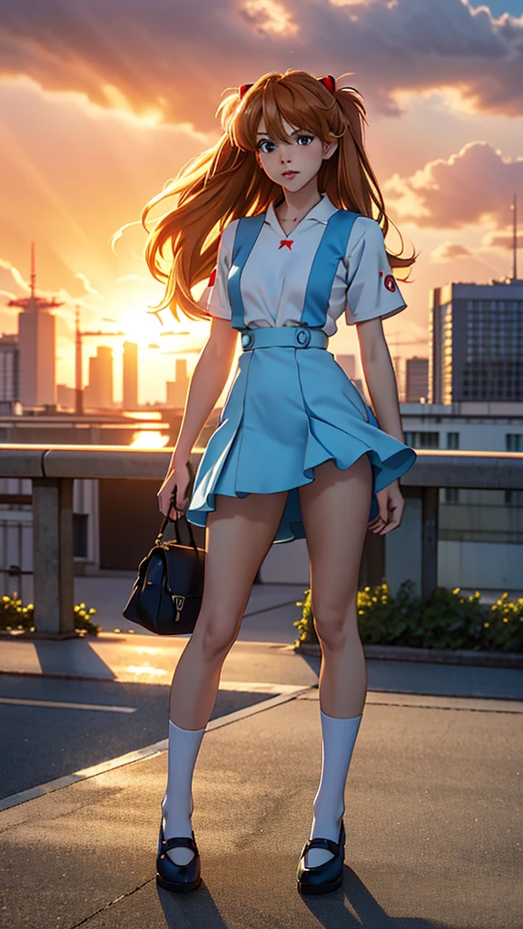 (masterpiece, best quality, detailed), Asuka Langley soryu, neon genesis evangelion anime, sexy girl, German nationality, dressed in her blue school uniform, White shirt, blue dress white socks, black shoes,, Young, skynny body, small and beautiful buttocks, toned abdomen, small and beautiful breasts, obscene, sensual, malevolent, Eva 03 in the background, edificios in the background, Dramatic background, clouds, Tokyo City 3, pose sensual, the sky is shining, the sun illuminates its beauty, sensual look, Whole body, beautiful eyes, classic hairstyle,Hair dyed in bright red color, best quality,4k,8k,A high resolution,masterpiece,Ultra detailed,realistic, Photorealistic,photo realistic