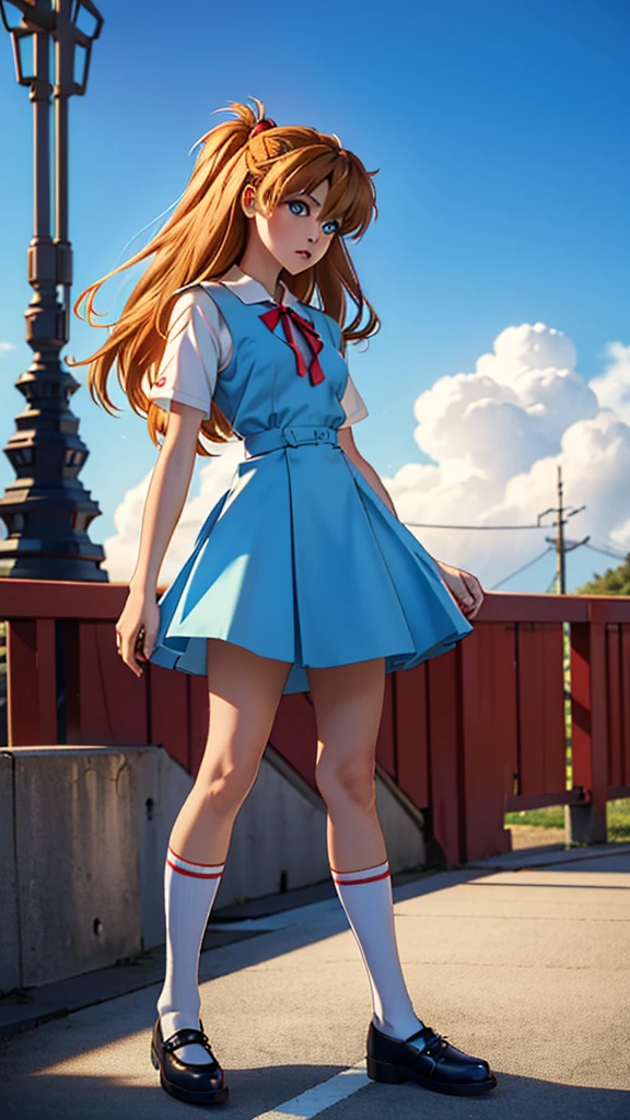 (masterpiece, best quality, detailed), Asuka Langley soryu, neon genesis evangelion anime, sexy girl, German nationality, dressed in her blue school uniform, White shirt, blue dress white socks, black shoes,, Young, skynny body, small and beautiful buttocks, toned abdomen, small and beautiful breasts, obscene, sensual, malevolent, Eva 03 in the background, edificios in the background, Dramatic background, clouds, Tokyo City 3, pose sensual, the sky is shining, the sun illuminates its beauty, sensual look, Whole body, beautiful eyes, classic hairstyle,Hair dyed in bright red color, best quality,4k,8k,A high resolution,masterpiece,Ultra detailed,realistic, Photorealistic,photo realistic