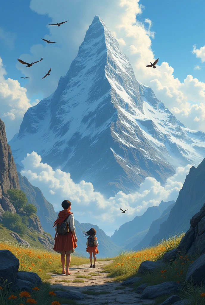 A spirited young girl from the Sunstone Tribe, A calm and wise boy from the Moonshadow Clan, A young girl from the Sky Wind Nomads, who can communicate with animals, A young boy from the Earthbound Village, known for his strength and connection to the earth. A young girl with a physical disability from the Starflower Meadows uses her inventive mind and a magical wheelchair to navigate the world, at the base of the towering Skywind Mountain, leading the way, and eagles flying overhead. The mountain peak is shrouded in swirling clouds.