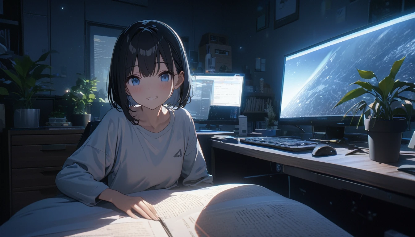 ((ultra-detailed))/three women: (one women with short black hair and bob hair.、beautiful blue eyes,.、smile、gentle smile on her face、flat chest, one Beautiful girl,((masterpiece, illustration, best quality) ((ultra-detailed))/),a girl studying in herbedroom with her office space during night time and have some plants in the background,濃い青とBeautiful Blueのグラデーション, High resolution, 8K HD detail, hyper-detail, cinematic, surrealism, soft light, deep field focus bokeh, ray tracing and surrealism. --v6