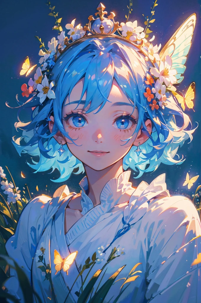 young boy with white clothes, very short wavy blue hair, light blue hair, cute, cute smile, adorable, crown of flowers on head, butterflies, field of flowers, natural light, detailed face, beautiful eyes, delicate features, soft colors, serene atmosphere, high quality, detailed, photorealistic, photo-realistic:1. 37, 4k, ultra-detailed, extremely detailed, hyperrealistic, highly detailed, masterpiece:1.2, vibrant colors, natural lighting, cinematic, dramatic, fantastic, magical, surreal.