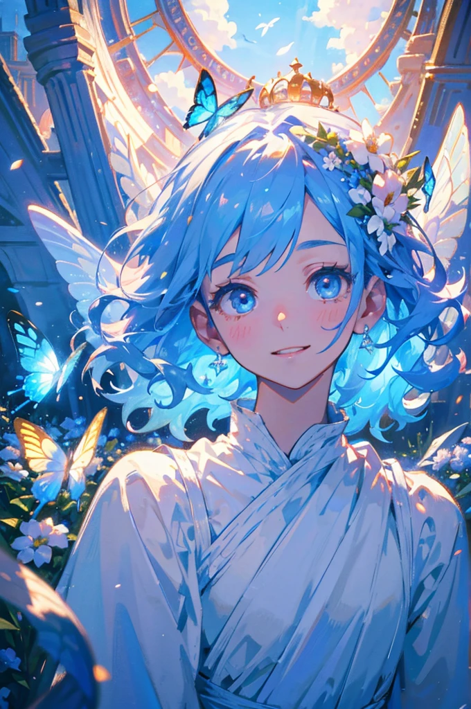 young boy with white clothes, very short wavy blue hair, light blue hair, cute, cute smile, adorable, crown of flowers on head, butterflies, field of flowers, natural light, detailed face, beautiful eyes, delicate features, soft colors, serene atmosphere, high quality, detailed, photorealistic, photo-realistic:1. 37, 4k, ultra-detailed, extremely detailed, hyperrealistic, highly detailed, masterpiece:1.2, vibrant colors, natural lighting, cinematic, dramatic, fantastic, magical, surreal.