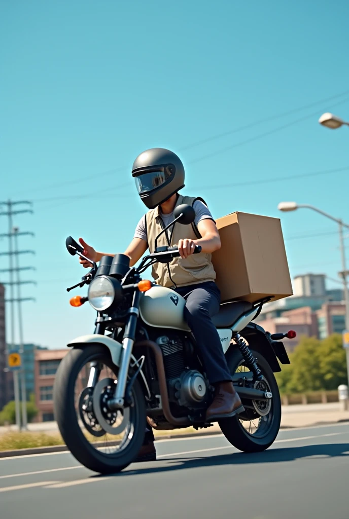a motorcycle delivery man wearing a typical uniform, maybe with a delivery vest and a helmet. He is standing next to his motorcycle, with cell phone in hand, possibly checking details of a delivery. The day is clear, with a cloudless blue sky. real photografic