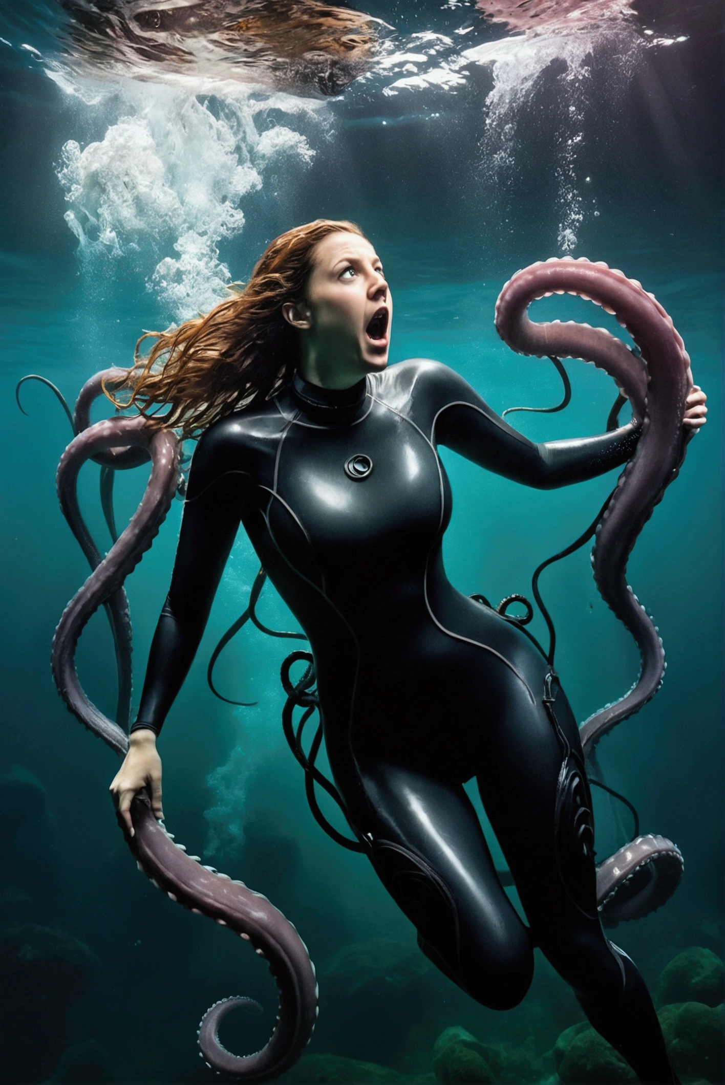 (high quality), (ultra quality), a woman wearing a tight wetsuit is attacked and bound by the tentacles of a giant sea monster, underwater, (under water), drowning, gasping for breath, suffocating, glossy wetsuit, horror, giant creature, scary monster, ((tentacle monster)), many tentacles, bondage, captive, stuck underwater, struggling, anxious, scared, terrified, perfect body, large breasts, deep under water, alien creature, lovecraftian horror, trapped
