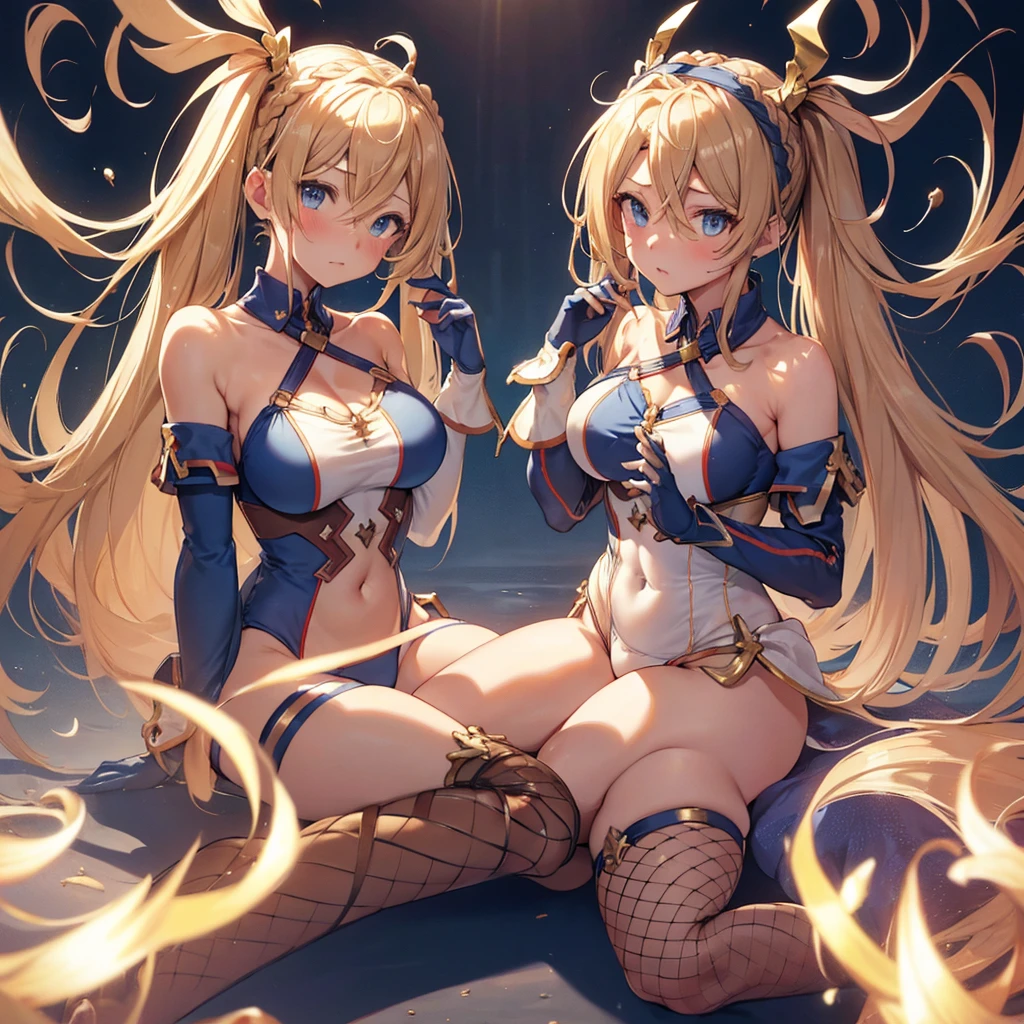 Bradamante, Blonde, blue eyes, Braiding, french Braiding, Long Hair, Twin tails, Both sides up,
Covered navel, elbow gloves, gloves, leotard, Thigh straps,Dynamic Angle, (Upper Body:1.3),Open your mouth, Embarrassing ,blush,(Spread your legs:1.3),(Lift your legs),(Camel Toe:1.3),Highest quality,Best image quality,Perfect Anatomy,masterpiece,Ultra-detailed,beautiful,super high quality, Highest quality,High resolution, Very detailed,Game CG,Dutch Angle ,beautiful細部までこだわった目,Visual Arts,Five Fingers, Perfect hands,