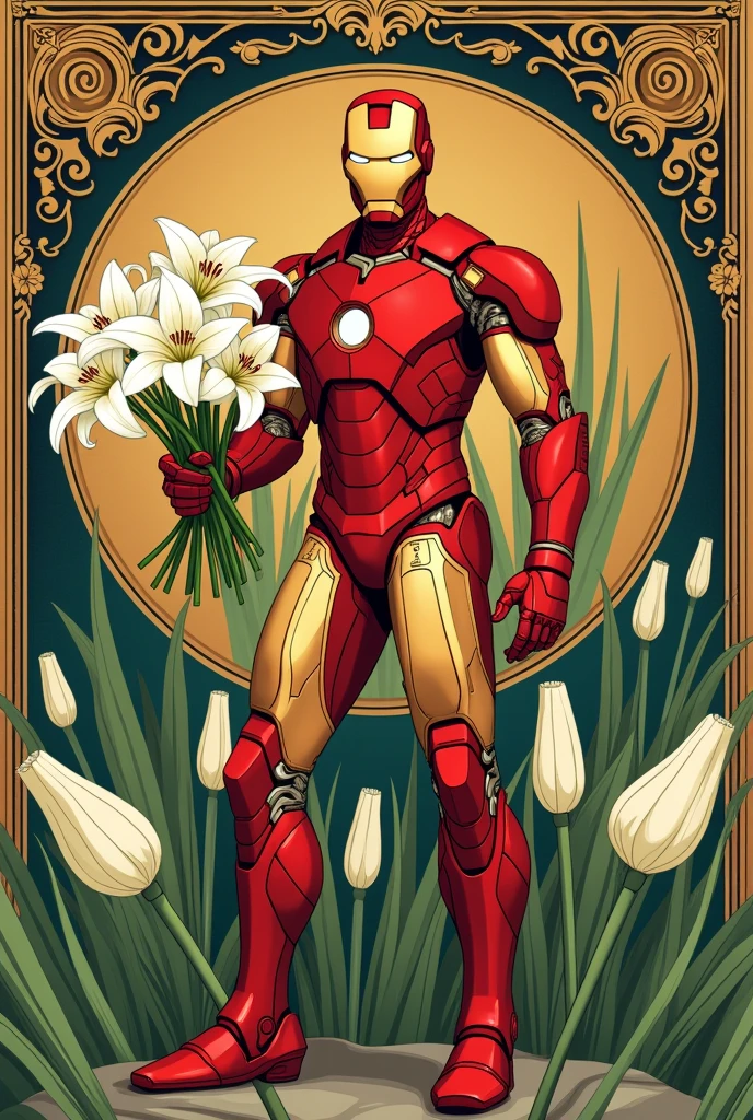 8K.Poster illustration in Alphonse Mucha style, Flat painting, Beautiful Marvel Iron Man with a bouquet of white lilies,Full body like,slenderbody, Art Nouveau, Plants in the background, masutepiece, Alfonse Mucha, high details