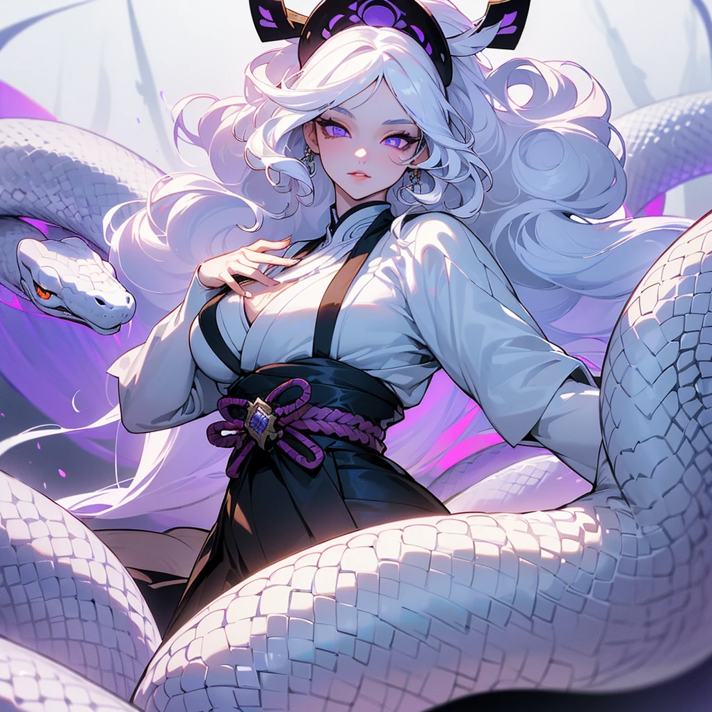 ((ultra quality)), ((masterpiece)), ((Samurai)), ((sensual)), ((Angelic beauty woman)), ((long white curly hair)), ((White hair)), ((White hair)), ((curly hair)),  (beautiful face), (beautiful female lips), Enchanting ((Seductive facial expression)), looks at the camera with a slight smile, (White skin color), (White skin), glow on the body, ((detailed eyes)), ((Next to a huge white snake)), ((violet eyes)), (juicy female lips), (dark eyeliner), (beautiful female hands), ((thick body)), ideal female body, ((Year 1920)), beautiful waist, beautiful big hips, big breasts, thick thighs, ((threatening and beautiful)) (), ((depth of field)), ((high quality clear image)), (delete details), ((High detail)), ((clear focus))