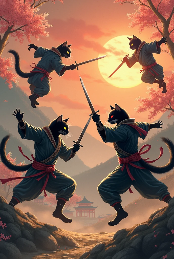 Create cats with ninja outfits and samurai armor in a war in feudal Japan as if it were a game, make with characteristics of the time.