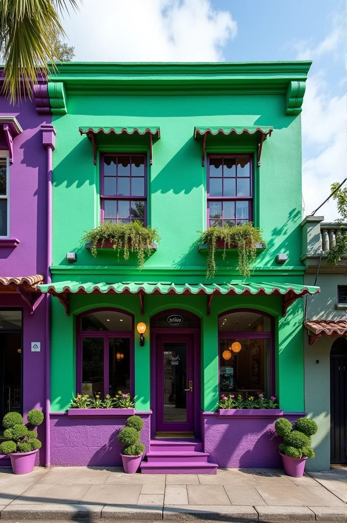 Green and purple açaí shop facade, slab with two windows and one door