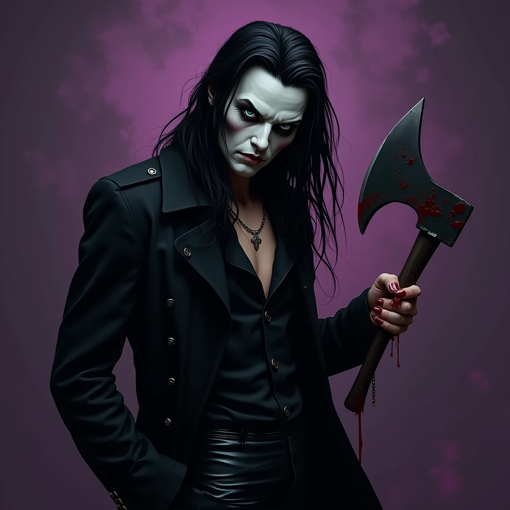 A sexy male with black long hair, teal blue eyes, and delicate facial features. He is wearing a black trench coat, black shiny leather jeans, and a horror mask. He has a bloody axe in his hand. Blood splattered on his clothes. He is pointing at the camera like he's saying "You're next!". (No facial hair) (no body hair) (black and purple) (gloomy atmosphere) (Mysterious atmosphere) (((male))) (((a seductive male))) ((best quality)), ((masterpiece)), (detailed). (He is wearing a horror mask))) (no facial or body hair) (((MALE))) ((((BOY)))) (Make it realistic) ((Make it a sexy male)