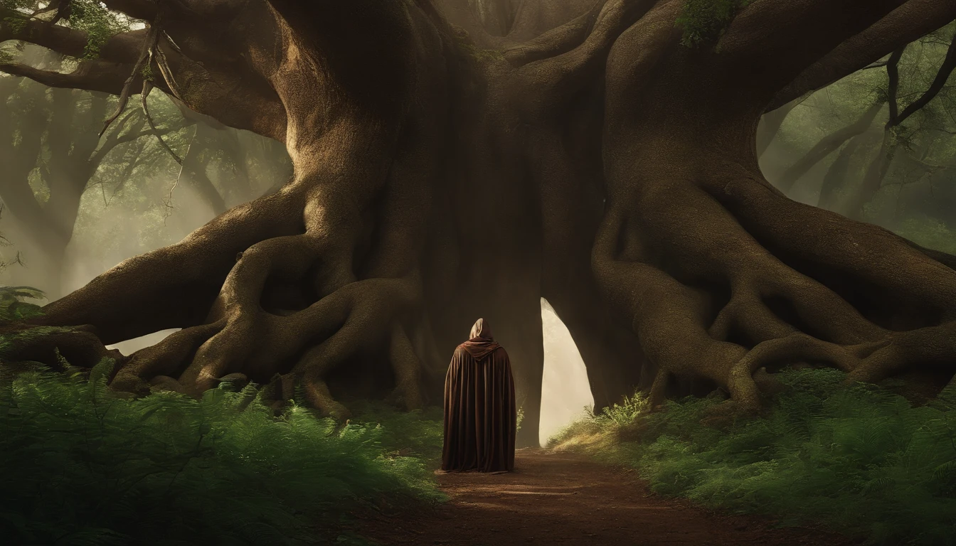 At the heart of the forest, they came upon a massive tree, its roots twisting into the earth like the fingers of a giant. The stranger drapes in a cloak of shadows hos face is hidden turned to the king warning .
The king is an old, wise-looking king, Zolani, dressed in regal but worn-out attire,