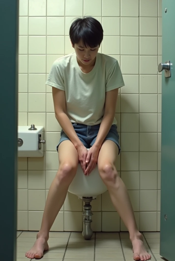 High school student peeing with legs spread in M-shape