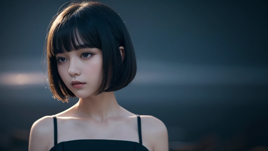 Delicate and dainty young woman with shiny bob-cut black hair . She is wearing black dress. The background is a fantastic and ethereal night sky that seems to be haunted by a specter. Her expression is stern and atmospheric. Angle from directly below.