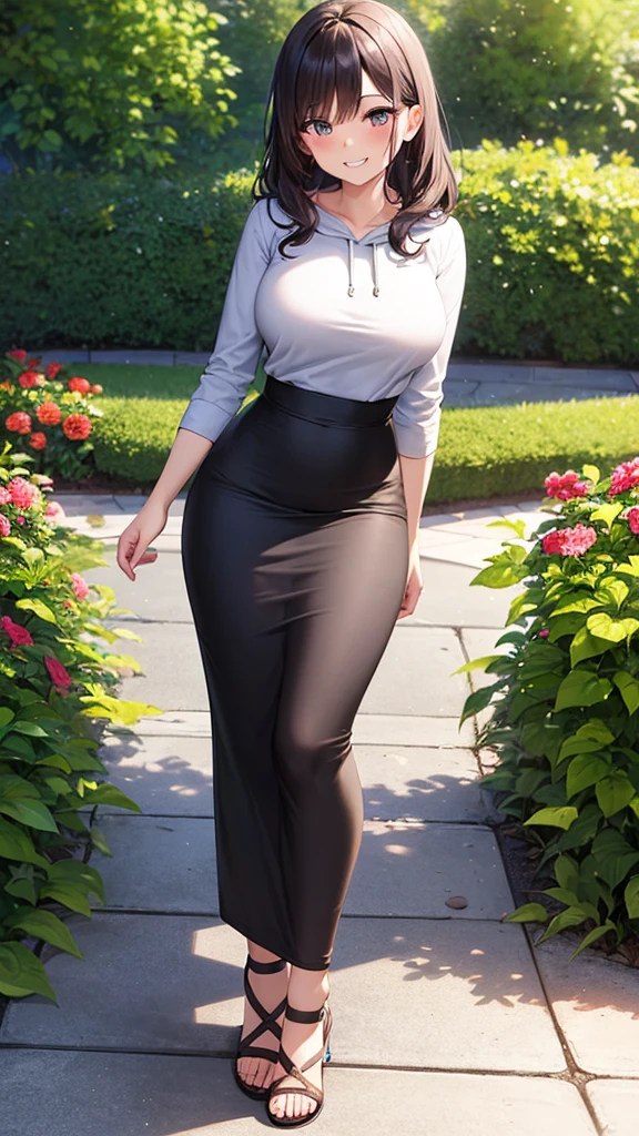 masterpiece, best quality, high detail, beautiful woman, wavy hair, dark brown hair, large bust, black hoodie, gray maxi pencil skirt, long gray pencil skirt, gray metallic pencil skirt, upper body, hips, hip bones, sandals, looking at viewer, light smile, blush, teeth, garden, backyard,