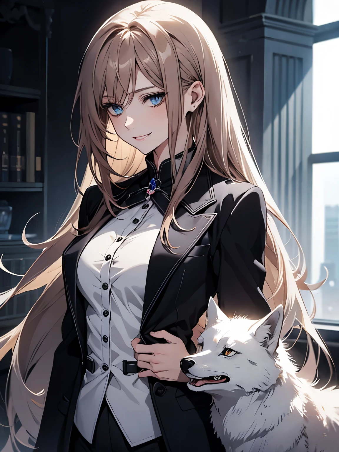 (Highest quality,High resolution,Very detailed),1 girl, Beautiful and elegant light blue eyes, Brown Hair, Cold Smile,Straight long hair tied back, Wearing a black suit, Mature Woman, Age 27,Cruel smile, Calm and Calm, Slim figure, Pale complexion, thin, Calm, secretary,Big White Foxを連れている,Big White Fox,Small breasts