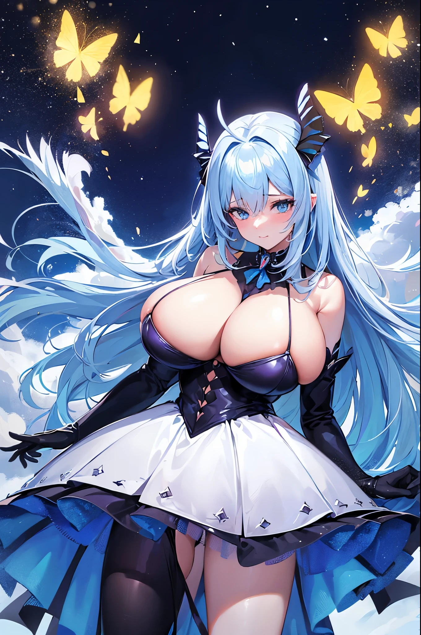 meilleur qualité, Jeune femme papillon, cheveux bleu nuit, une (gigantesque poitrine:1.4), antenne d'insecte sur la tête, ailes de papillon, tenue sexy, dans une nuit étoilée