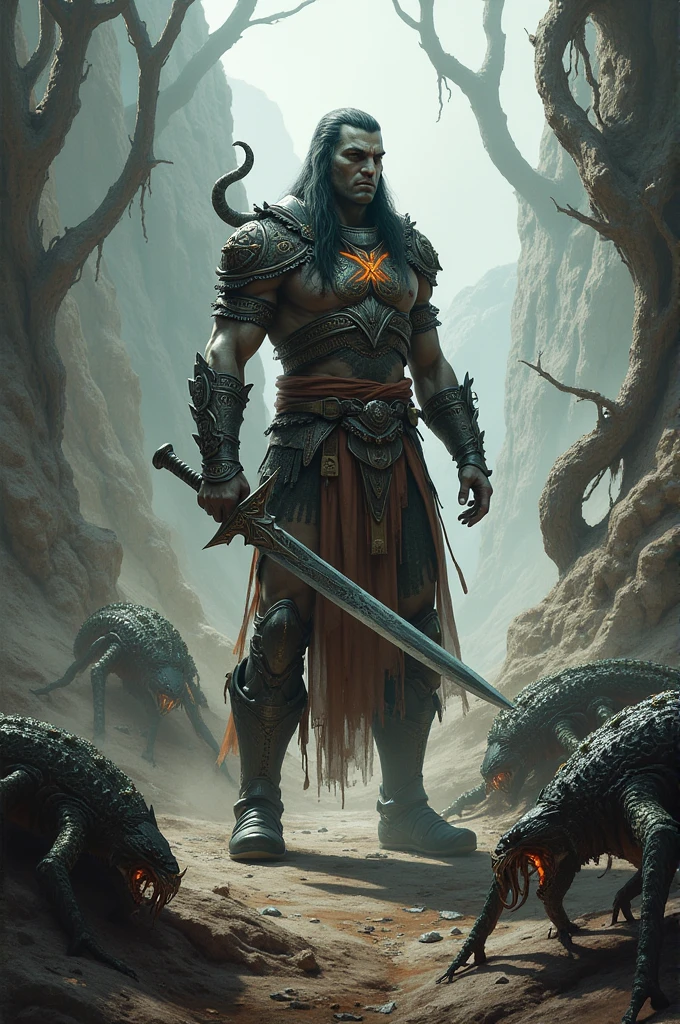 Generate an image of warrior in battle ground with background venom animals