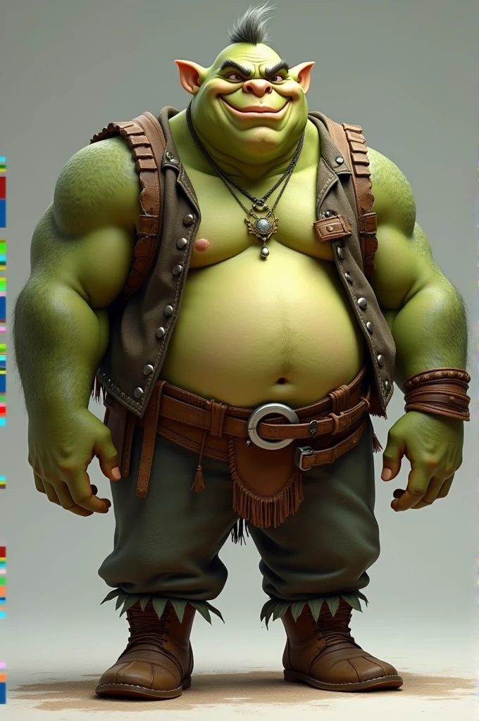 Fat and Bald age Ogre, grumpy but friendly. Wearing leather clothes