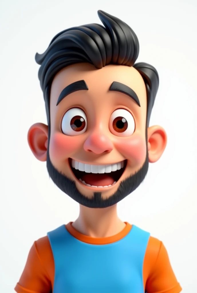 create a 3d image/cartoon , of a 30 year old man, portraite, short black hair, with little beard, blue and orange t-shirt, white background