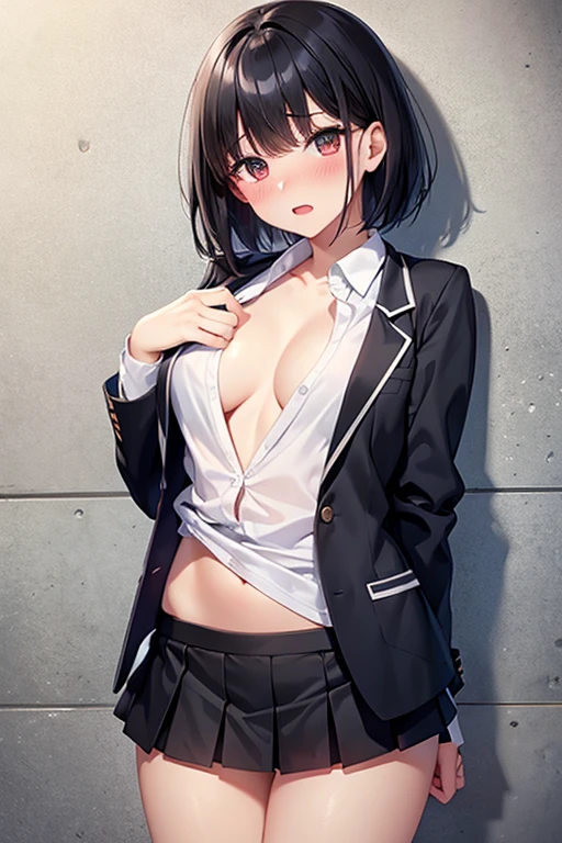 blazer、Miniskirt、Black Hair、short hair、Embarrassed、White underwear、Blushing、Open your mouth、Standing in front of a wall、Lower your body、Put your hands on the wall、Sticking out your butt